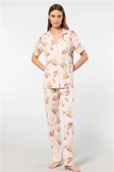 Türen 3355  Kadın Kısa Kollu Gömlek Yaka Pijama Takımı-Pudra