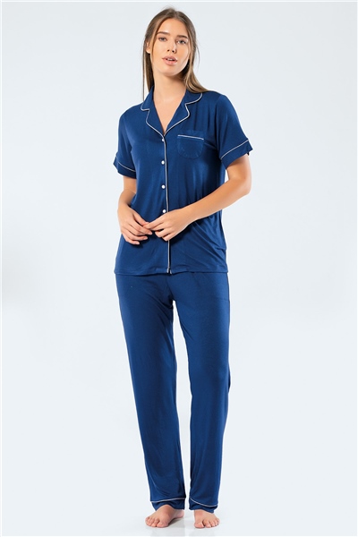 Türen 3358 Kadın Kısa Kollu Gömlek Yaka Pijama Takım-Lacivert