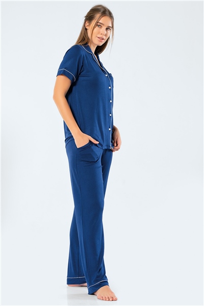 Türen 3358 Kadın Kısa Kollu Gömlek Yaka Pijama Takım-Lacivert