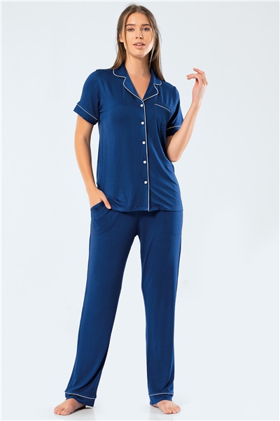 Türen 3358 Kadın Kısa Kollu Gömlek Yaka Pijama Takım-Lacivert