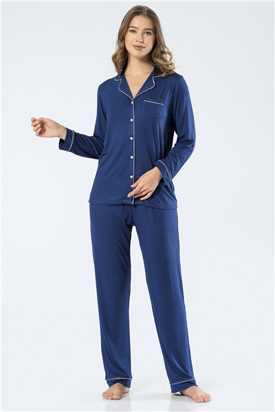 Türen 3359 Kadın Uzun Kollu Gömlek Yaka Pijama Takım-Lacivert
