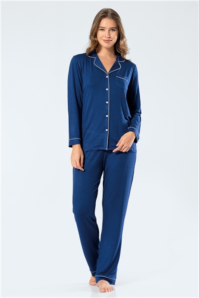 Türen 3359 Kadın Uzun Kollu Gömlek Yaka Pijama Takım-Lacivert