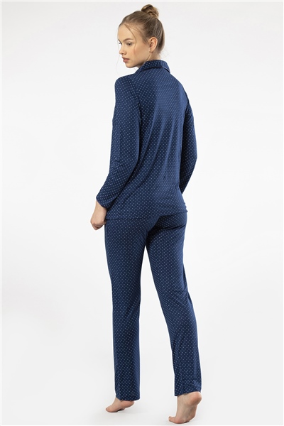 Türen 3363 Kadın Uzun Kollu Gömlek Yaka Pijama Takım-Lacivert