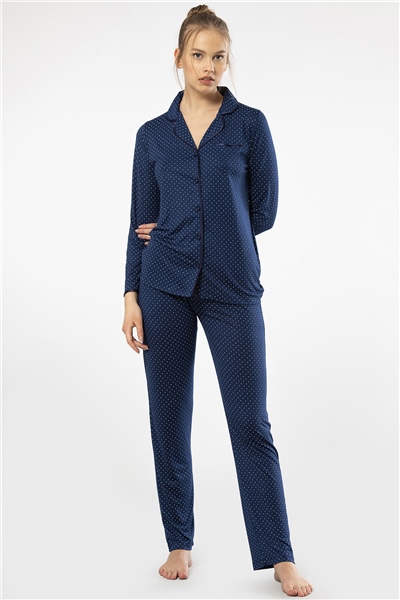 Türen 3363 Kadın Uzun Kollu Gömlek Yaka Pijama Takım-Lacivert