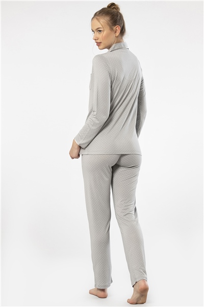 Türen 3363 Kadın Uzun Kollu Gömlek Yaka Pijama Takım-Gri