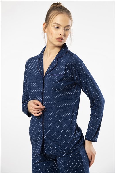 Türen 3363 Kadın Uzun Kollu Gömlek Yaka Pijama Takım-Lacivert