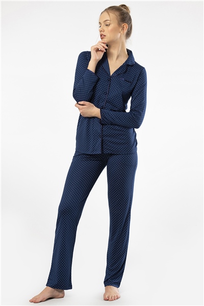 Türen 3363 Kadın Uzun Kollu Gömlek Yaka Pijama Takım-Lacivert