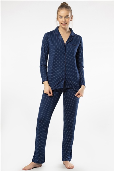 Türen 3363 Kadın Uzun Kollu Gömlek Yaka Pijama Takım-Lacivert