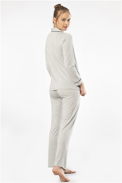 Türen 3365 Kadın Uzun Kollu Gömlek Yaka Pijama Takım-Gri