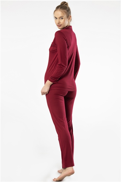 Türen 3365 Kadın Uzun Kollu Gömlek Yaka Pijama Takım-Bordo