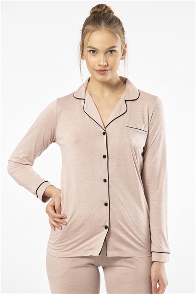 Türen 3365 Kadın Uzun Kollu Gömlek Yaka Pijama Takım-Pudra