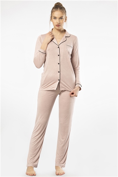 Türen 3365 Kadın Uzun Kollu Gömlek Yaka Pijama Takım-Pudra