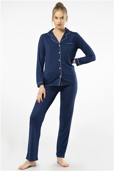 Türen 3365 Kadın Uzun Kollu Gömlek Yaka Pijama Takım-Lacivert