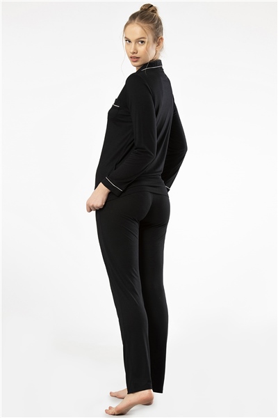 Türen 3365 Kadın Uzun Kollu Gömlek Yaka Pijama Takım-Siyah