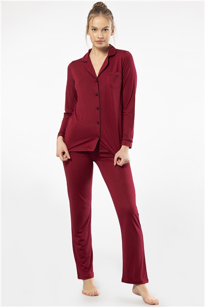 Türen 3365 Kadın Uzun Kollu Gömlek Yaka Pijama Takım-Bordo