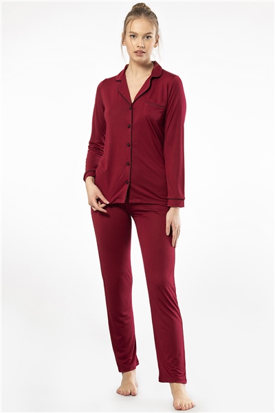Türen 3365 Kadın Uzun Kollu Gömlek Yaka Pijama Takım-Bordo