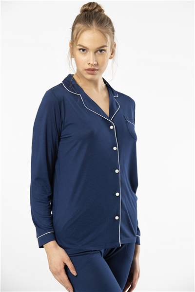 Türen 3365 Kadın Uzun Kollu Gömlek Yaka Pijama Takım-Lacivert