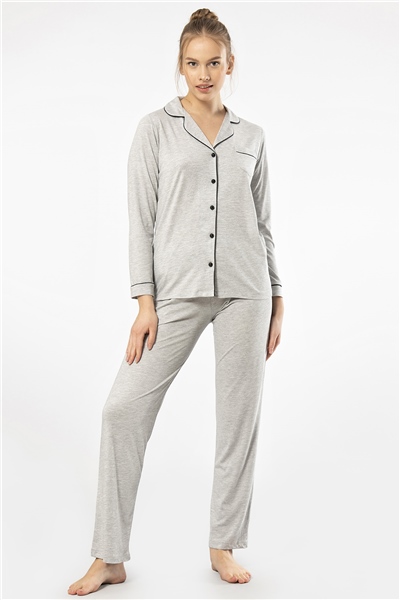 Türen 3365 Kadın Uzun Kollu Gömlek Yaka Pijama Takım-Gri