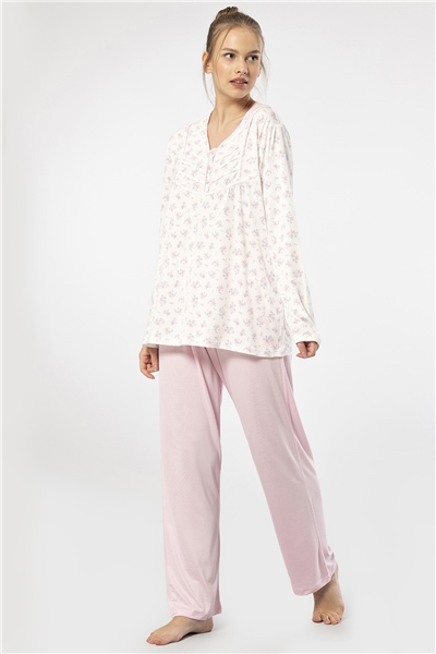 Türen 3366 Kadın Büyük Beden Uzun Kollu Pijama Takım-Pembe