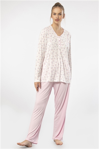 Türen 3366 Kadın Büyük Beden Uzun Kollu Pijama Takım-Pembe