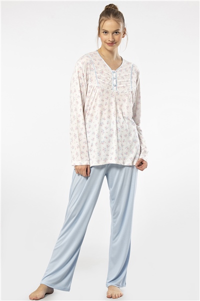 Türen 3366 Kadın Büyük Beden Uzun Kollu Pijama Takım-Mavi