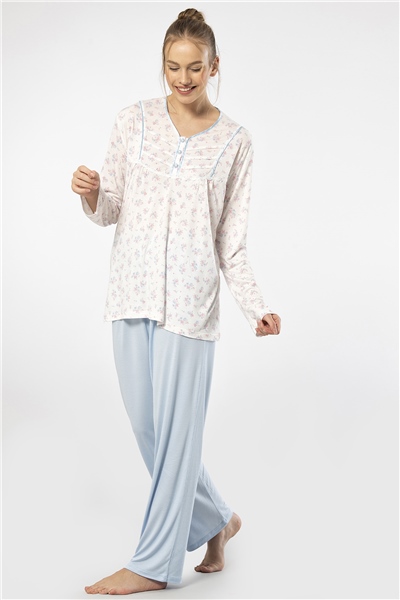 Türen 3366 Kadın Büyük Beden Uzun Kollu Pijama Takım-Mavi