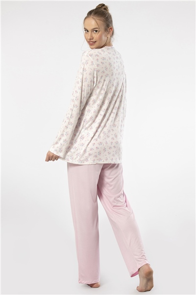 Türen 3366 Kadın Büyük Beden Uzun Kollu Pijama Takım-Pembe