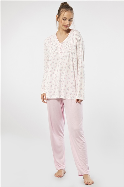 Türen 3366 Kadın Büyük Beden Uzun Kollu Pijama Takım-Pembe