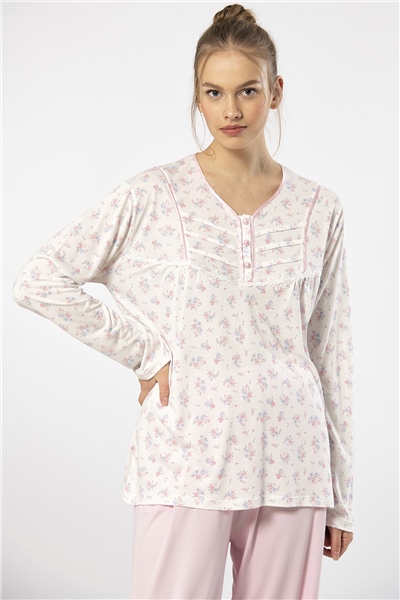 Türen 3366 Kadın Büyük Beden Uzun Kollu Pijama Takım-Pembe
