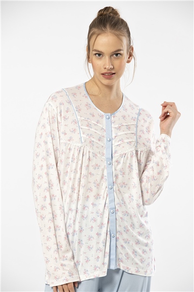 Türen 3367 Kadın Büyük Beden Uzun Kollu Pijama Takım-Mavi