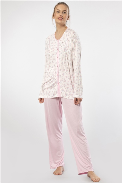 Türen 3367 Kadın Büyük Beden Uzun Kollu Pijama Takım-Pembe