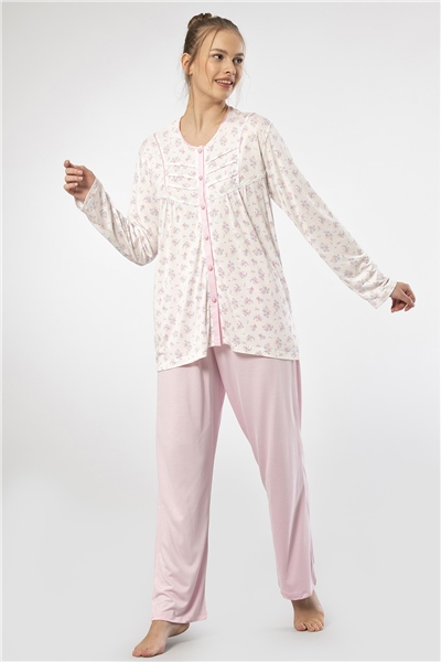 Türen 3367 Kadın Büyük Beden Uzun Kollu Pijama Takım-Pembe