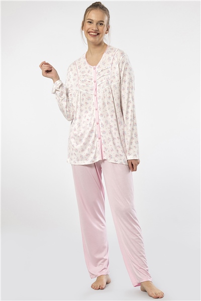 Türen 3367 Kadın Büyük Beden Uzun Kollu Pijama Takım-Pembe