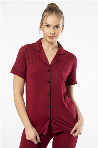 Türen 3368 Kadın Kısa Kollu Gömlek Yaka Pijama Takım-Bordo