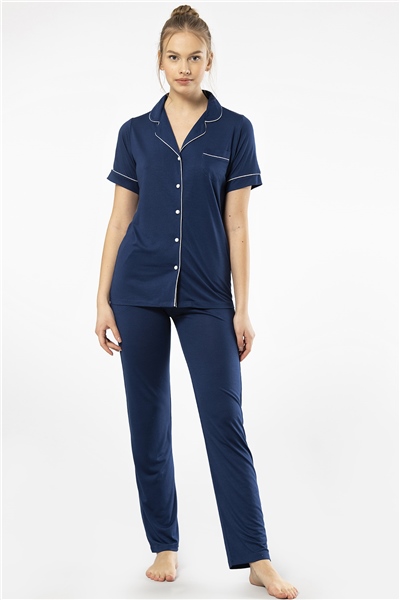 Türen 3368 Kadın Kısa Kollu Gömlek Yaka Pijama Takım-Lacivert