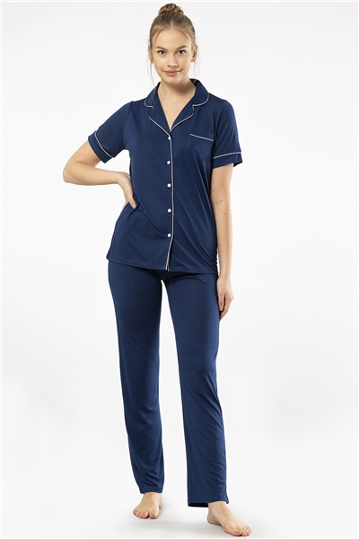 Türen 3368 Kadın Kısa Kollu Gömlek Yaka Pijama Takım-Lacivert