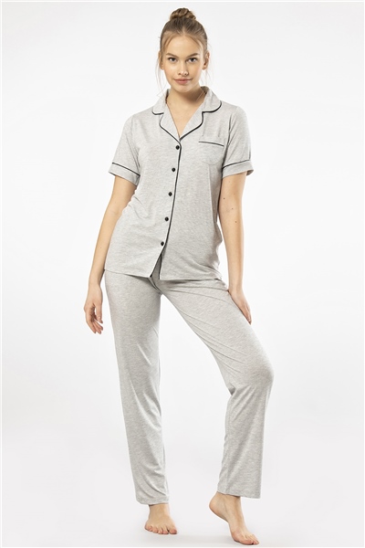 Türen 3368 Kadın Kısa Kollu Gömlek Yaka Pijama Takım-Gri