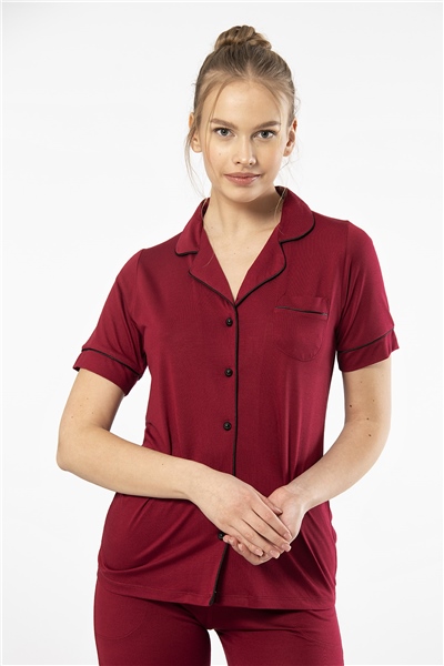 Türen 3368 Kadın Kısa Kollu Gömlek Yaka Pijama Takım-Bordo