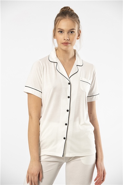 Türen 3368 Kadın Kısa Kollu Gömlek Yaka Pijama Takım-Ekru