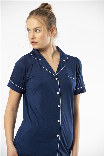 Türen 3368 Kadın Kısa Kollu Gömlek Yaka Pijama Takım-Lacivert
