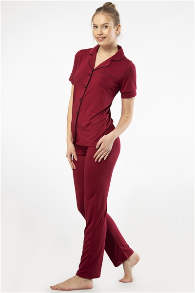 Türen 3368 Kadın Kısa Kollu Gömlek Yaka Pijama Takım-Bordo