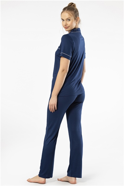 Türen 3368 Kadın Kısa Kollu Gömlek Yaka Pijama Takım-Lacivert