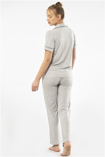 Türen 3368 Kadın Kısa Kollu Gömlek Yaka Pijama Takım-Gri