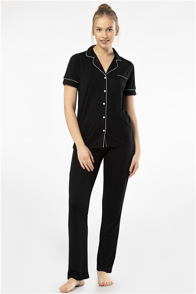 Türen 3368 Kadın Kısa Kollu Gömlek Yaka Pijama Takım-Siyah