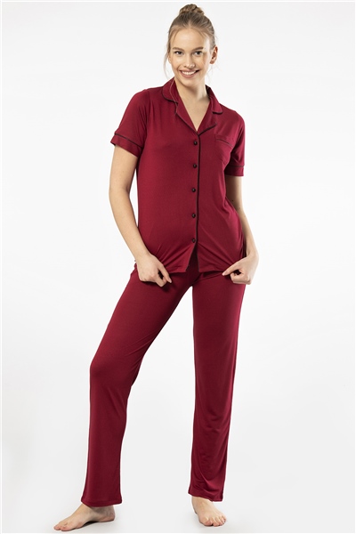 Türen 3368 Kadın Kısa Kollu Gömlek Yaka Pijama Takım-Bordo
