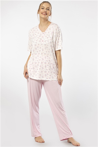 Türen 3369 Kadın Büyük Beden Kısa Kollu Pijama Takım-Pembe