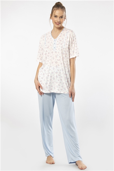 Türen 3369 Kadın Büyük Beden Kısa Kollu Pijama Takım-Mavi