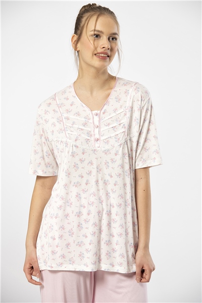 Türen 3369 Kadın Büyük Beden Kısa Kollu Pijama Takım-Pembe