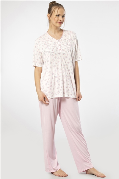 Türen 3369 Kadın Büyük Beden Kısa Kollu Pijama Takım-Pembe