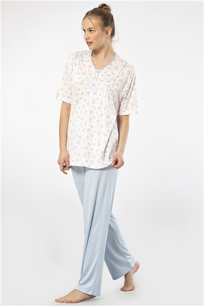Türen 3369 Kadın Büyük Beden Kısa Kollu Pijama Takım-Mavi